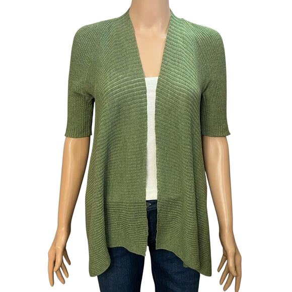 Eileen Fisher Petite Short Sleeve Cardigan Size SP Green Wool Knit Uneven Hem - Picture 1 of 6